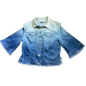 Chico's Sz 1 (M/8) BOHO Crop Jean Jacket Ombre Blue Flare Sleeve Raw Edge 114G